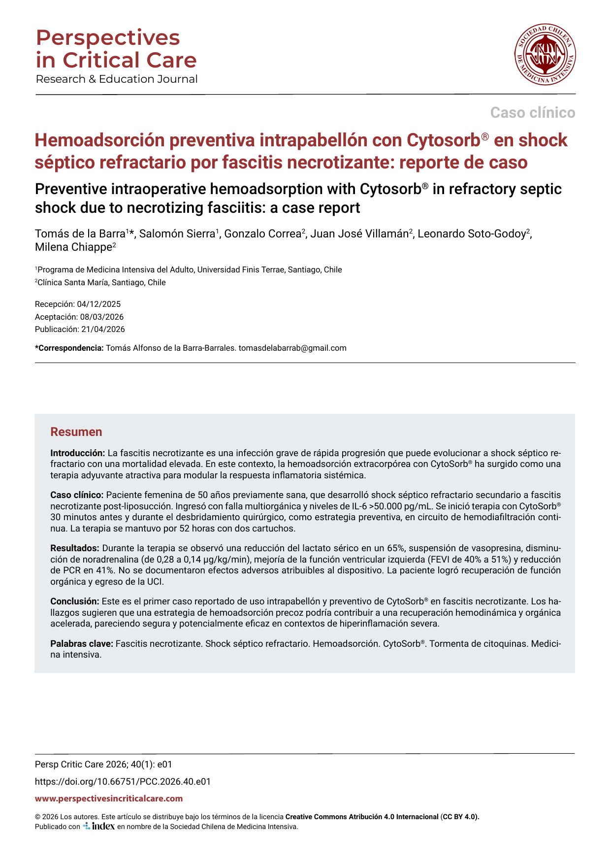 Hemoadsorción preventiva intrapabellón con Cytosorb® en shock séptico refractario por fascitis necrotizante: reporte de caso