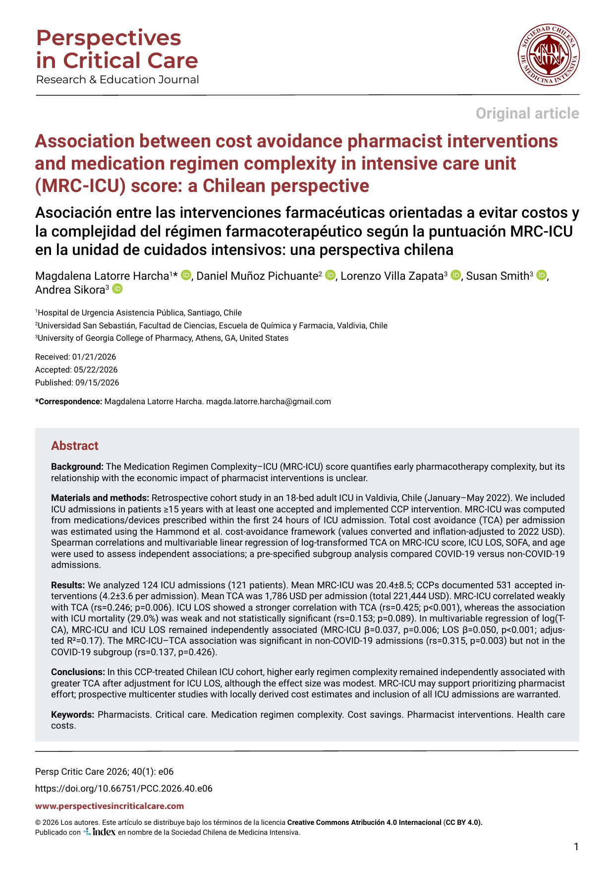 Association between cost avoidance pharmacist interventions and medication regimen complexity in intensive care unit (MRC-ICU) score: a Chilean perspective