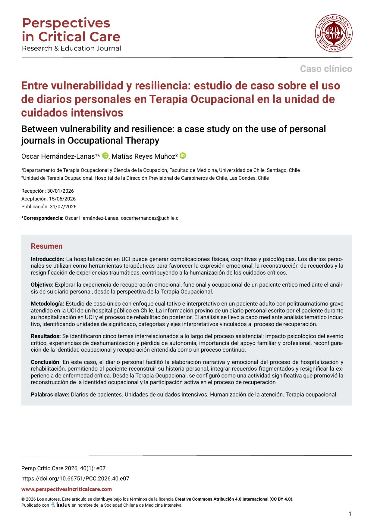 Entre vulnerabilidad y resiliencia: estudio de caso sobre el uso de diarios personales en Terapia Ocupacional en la unidad de cuidados intensivos