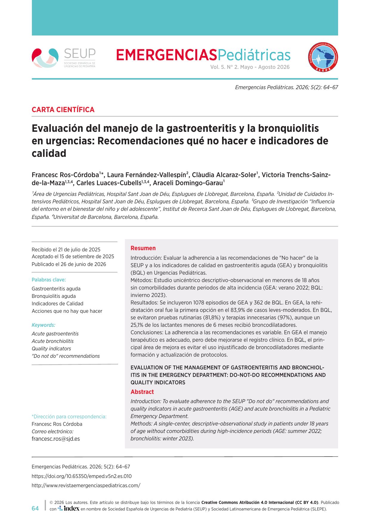 Evaluación del manejo de la gastroenteritis y la bronquiolitis en urgencias: Recomendaciones qué no hacer e indicadores de calidad