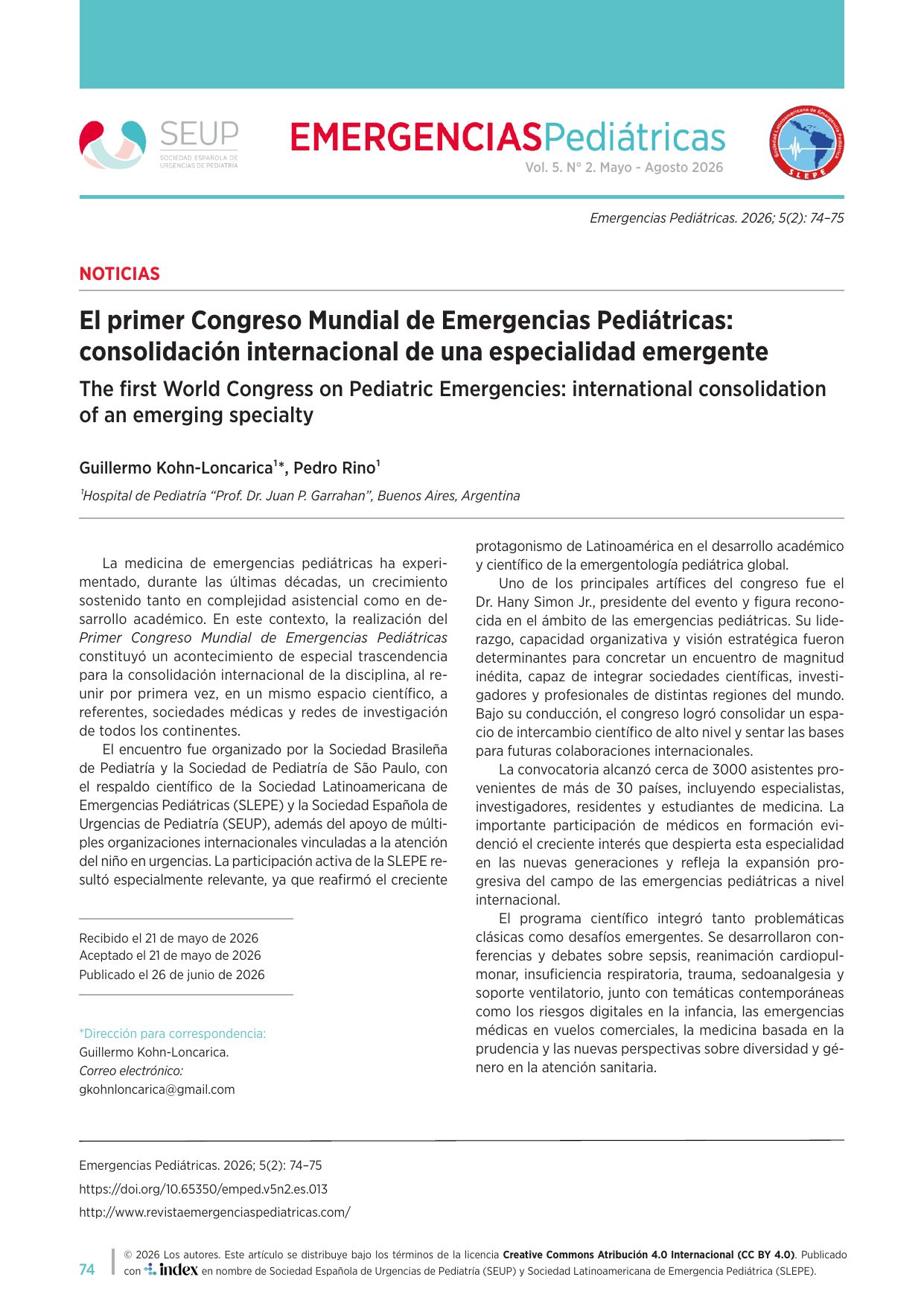 El Primer Congreso Mundial de Emergencias Pediátricas: consolidación internacional de una especialidad emergente