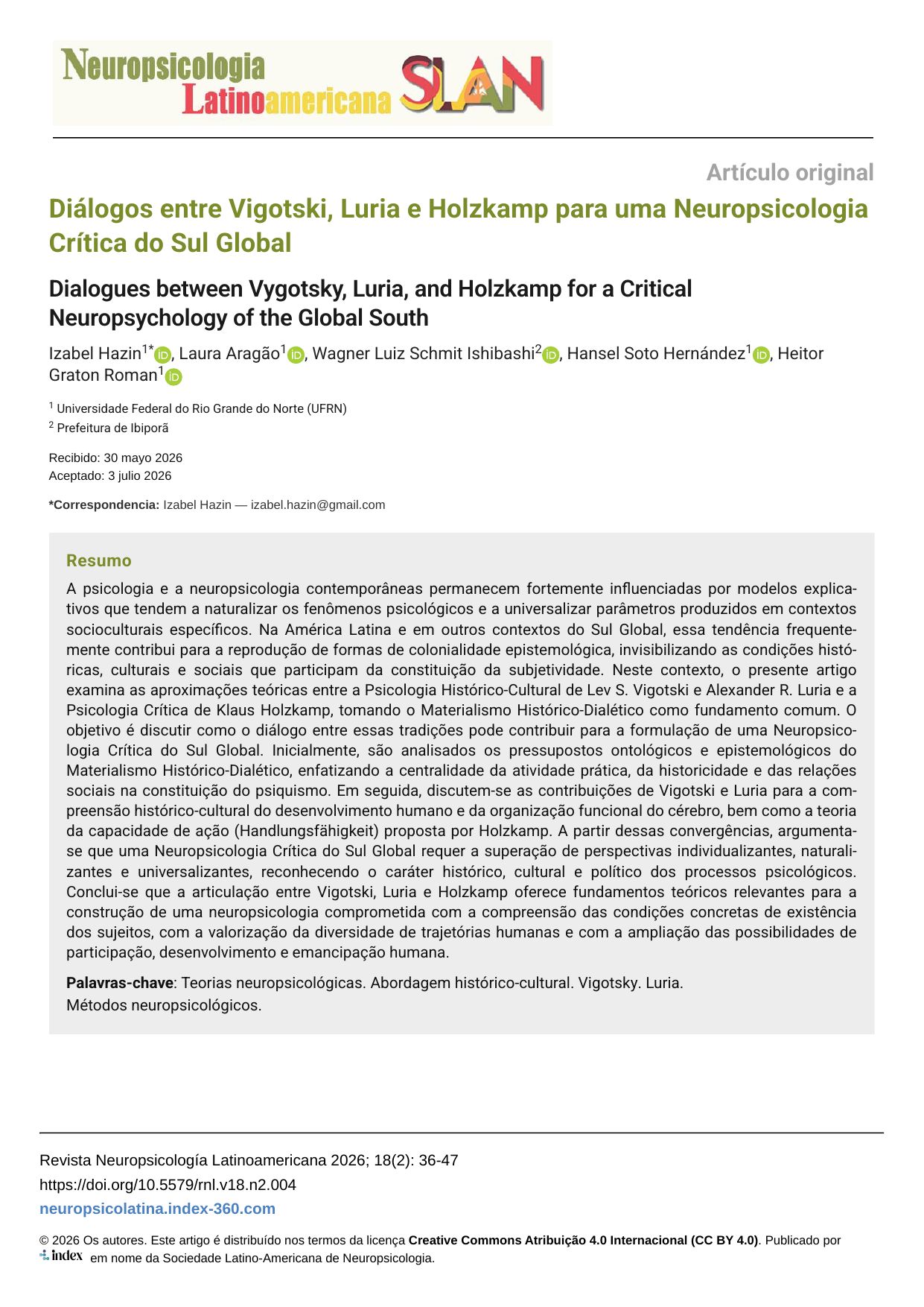 Diálogos entre Vigotski, Luria e Holzkamp para uma Neuropsicologia Crítica do Sul Global
