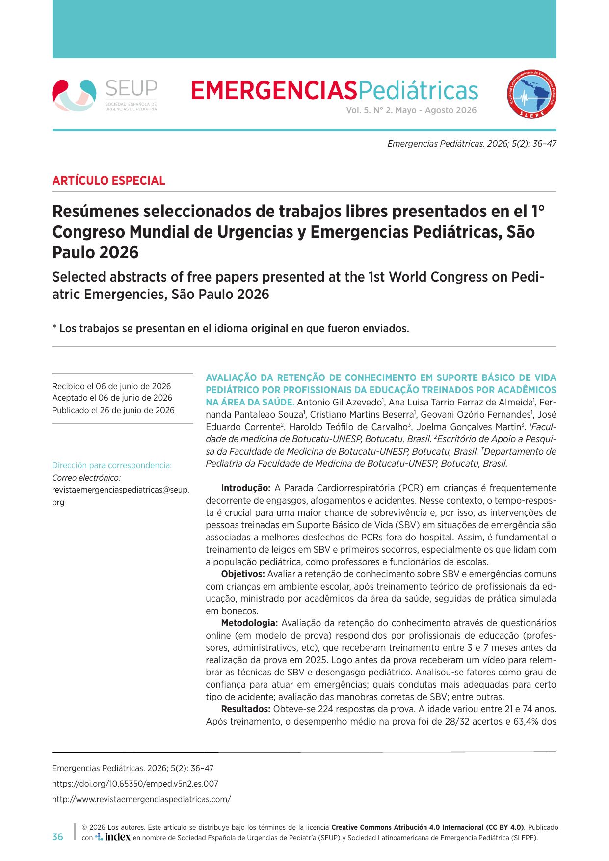 Resúmenes seleccionados de trabajos libres presentados en el 1° Congreso Mundial de Urgencias y Emergencias Pediátricas, São Paulo 2026