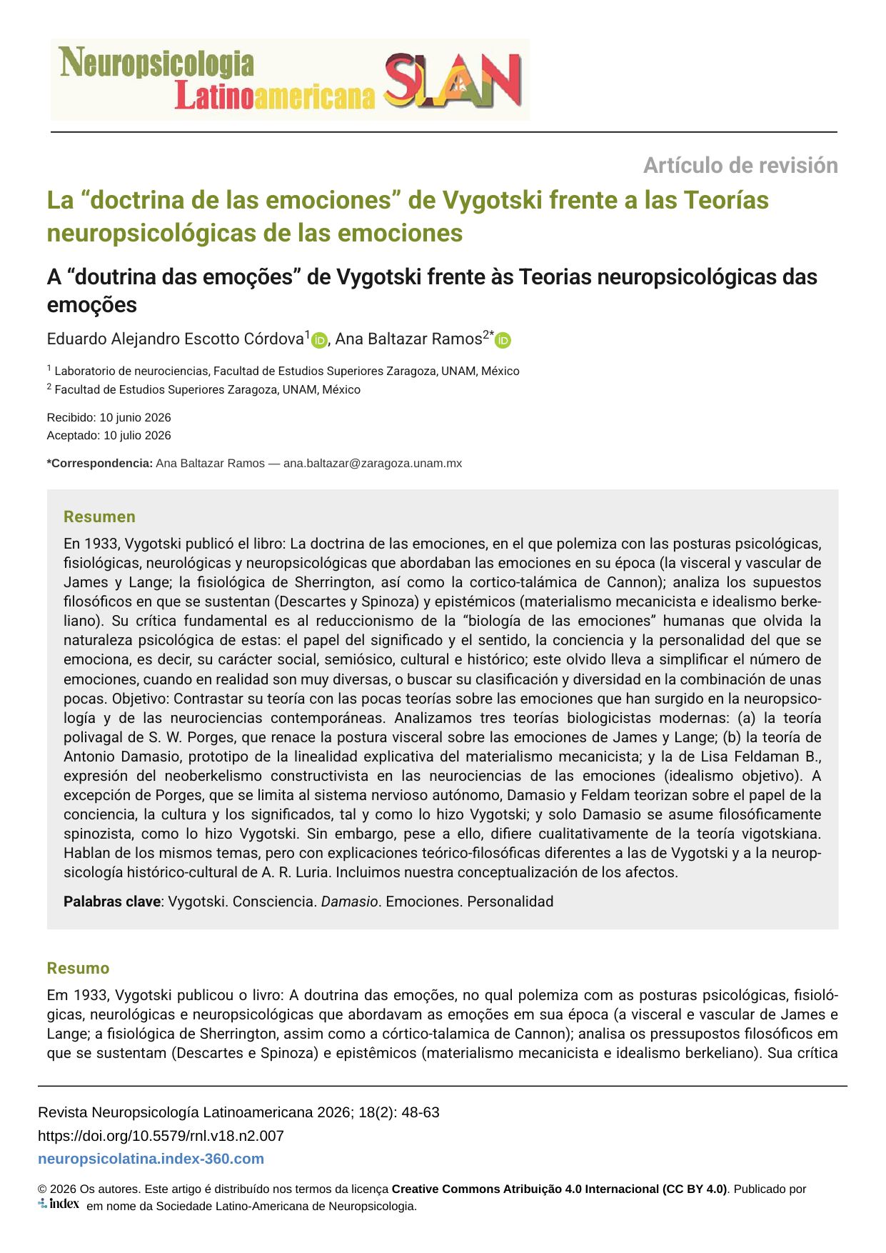 La “doctrina de las emociones” de Vygotski frente a las Teorías neuropsicológicas de las emociones