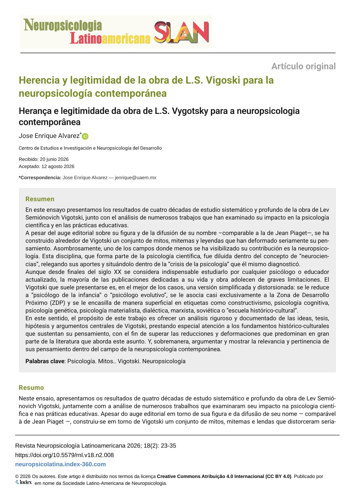 Herencia y legitimidad de la obra de L.S. Vigoski para la neuropsicología contemporánea
