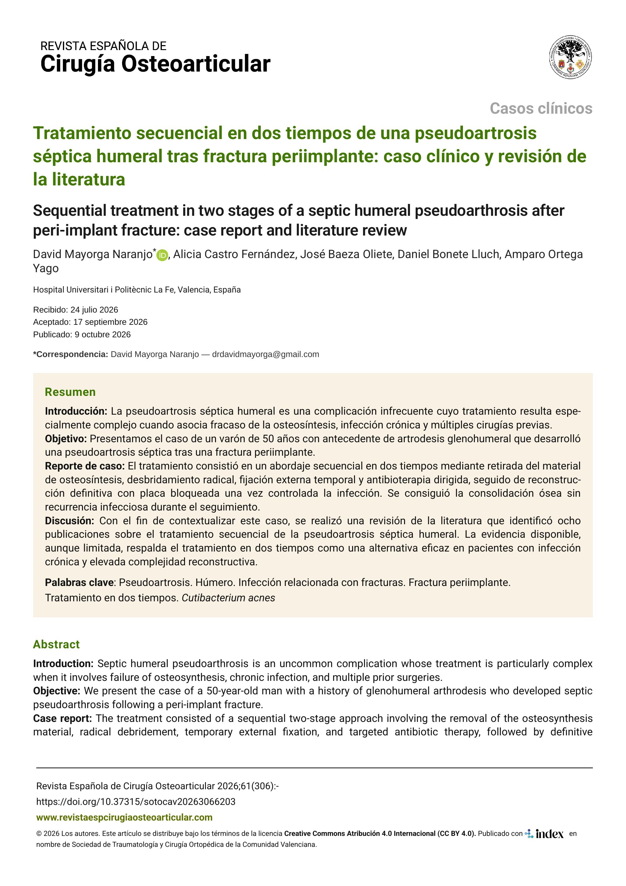 Tratamiento secuencial en dos tiempos de una pseudoartrosis séptica humeral tras fractura periimplante: caso clínico y revisión de la literatura